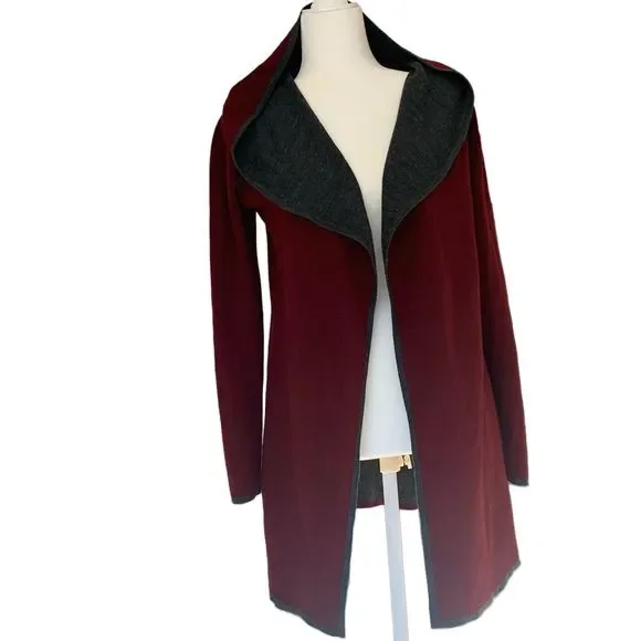 BNCI by Blanc Noir Red Wool Blend Hooded Long Sleeve Long Line Cardigan Sweater - Picture 6 of 10